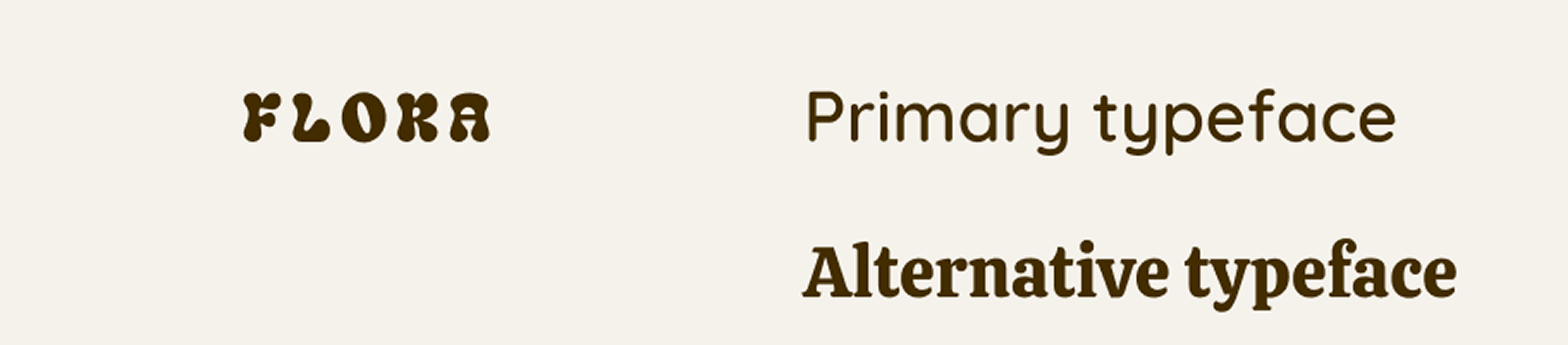 The Flora logotype next to the rounded sans serif primary typeface and the serif alternative typeface